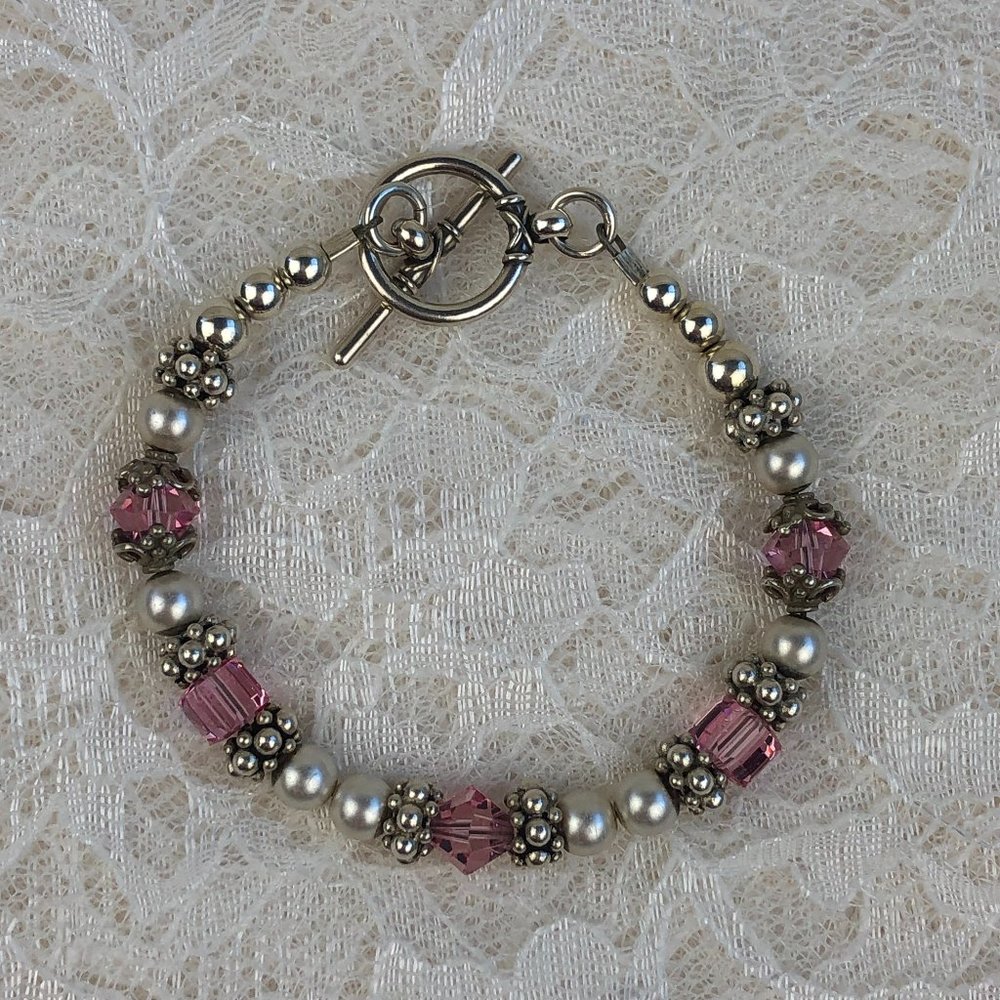 Boutique Sterling Silver Bead Faux Pearl & Crystal Accent Toggle Bracelet Glam